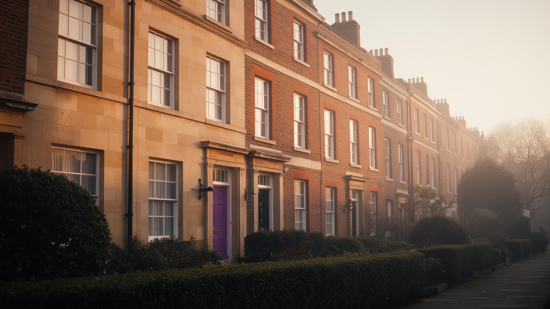 Row of elegant English townhouses at golden hour
